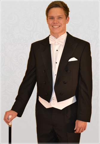 Black Evening Tails with white Marcella waistcoat, bow-tie and shirt.